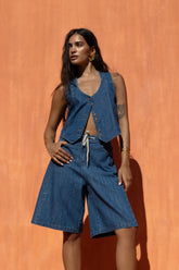 Woman Wearing Denim Top by Nema Resort Wear