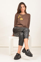 Long Sleeve Top with Gold Floral Embroidery