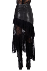 Black Faux Leather & Lace Midi Skirt