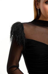 Black Women’s Blouse with Tulle & Feather Sleeves