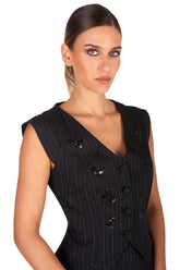Black Pinstripe Vest with Embroidered details