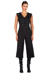 Black Pinstripe Cropped Trousers with embroidered details