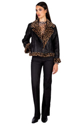 Black Shearling Jacket with Leopard details