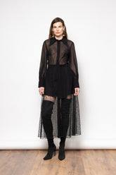 Itzel Dress - Black Sheer Shirt Dress with Lace Detail and Belt