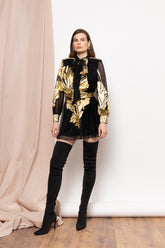 Cyra Black & Gold Metallic Mini Dress with Bow Tie Neck