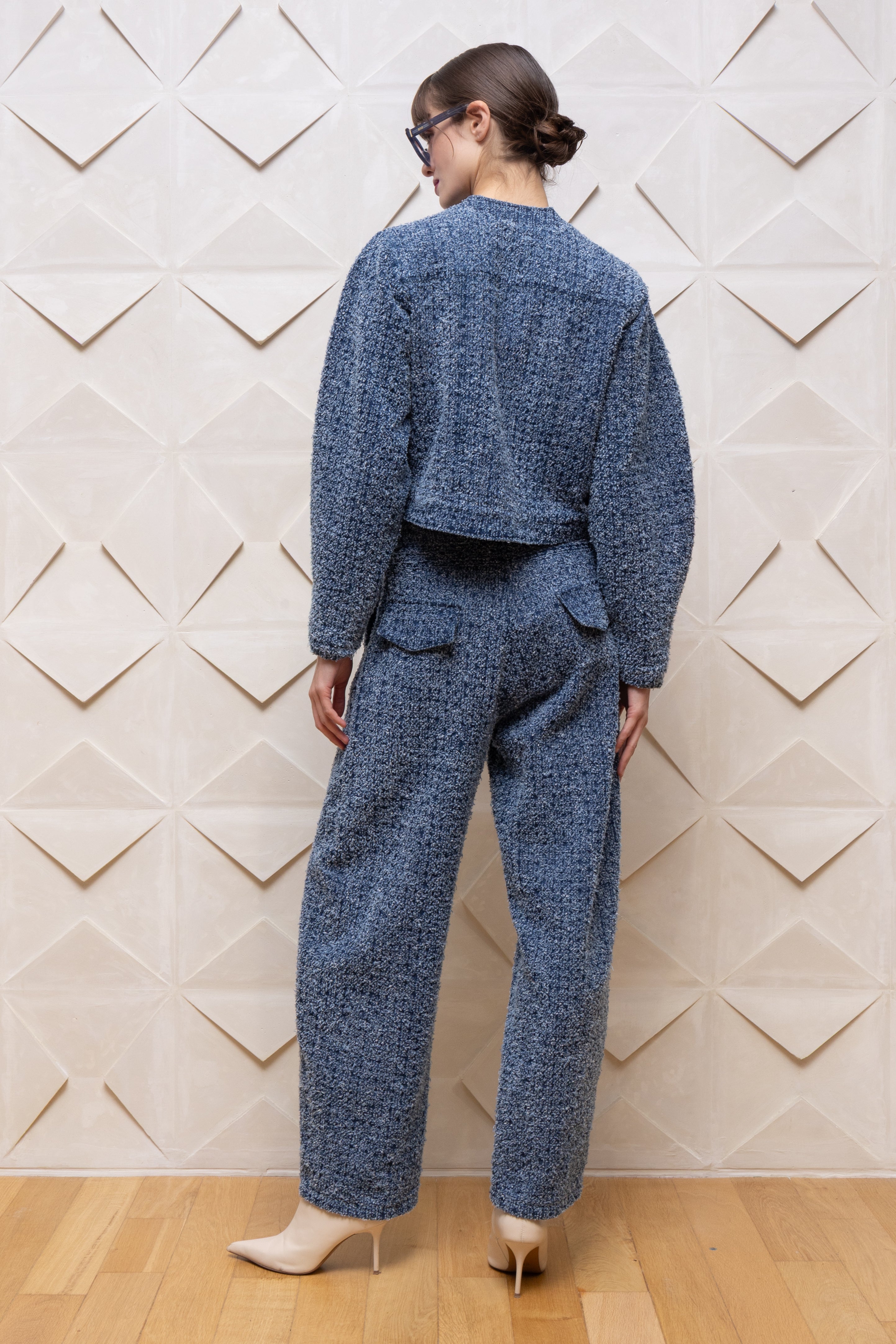 Blue Bouclé Cropped Blazer