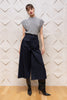 NEMA Resort Wear navy pinstripe high-waisted culotte trousers with wide cropped leg and statement front pockets.