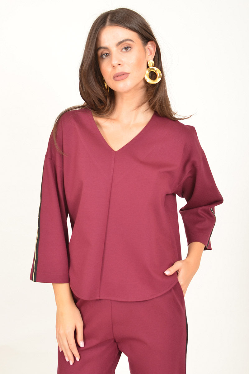 V-Neck Relaxed Top with Side Stripe