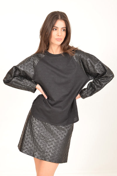 Black Top with Quilted Faux Leather Sleeves