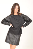 Black Top with Quilted Faux Leather Sleeves