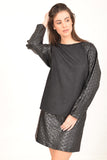 Black Top with Quilted Faux Leather Sleeves