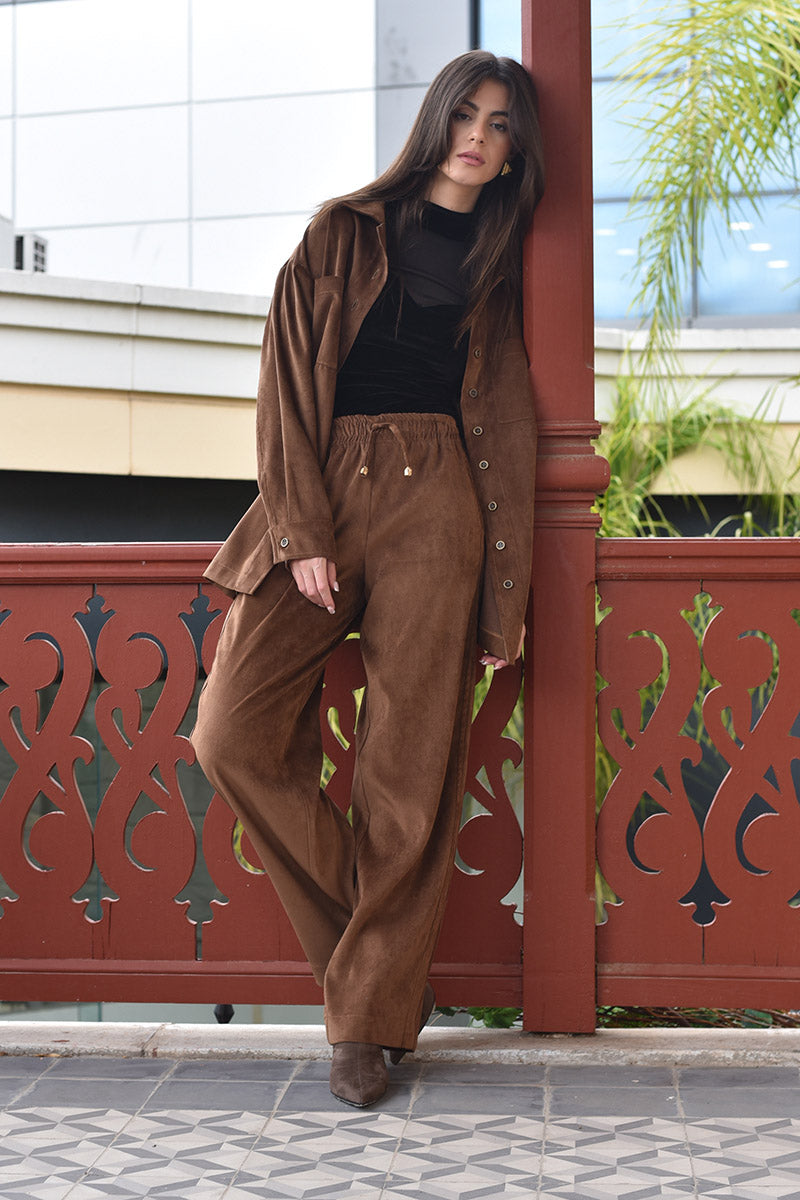 Suede Effect Wide-Leg Pants