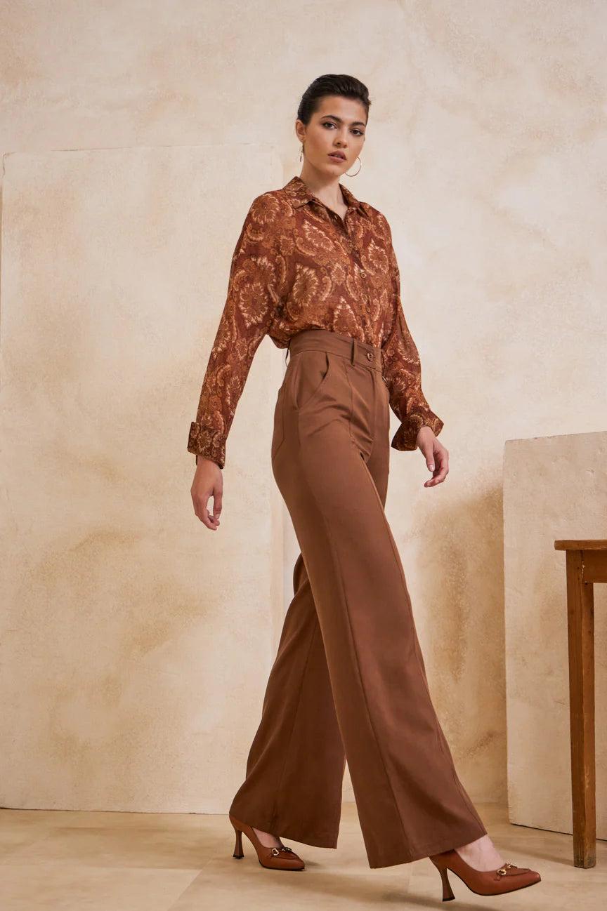 brown pants, wide legged, enzzo fashion, calizo boutique