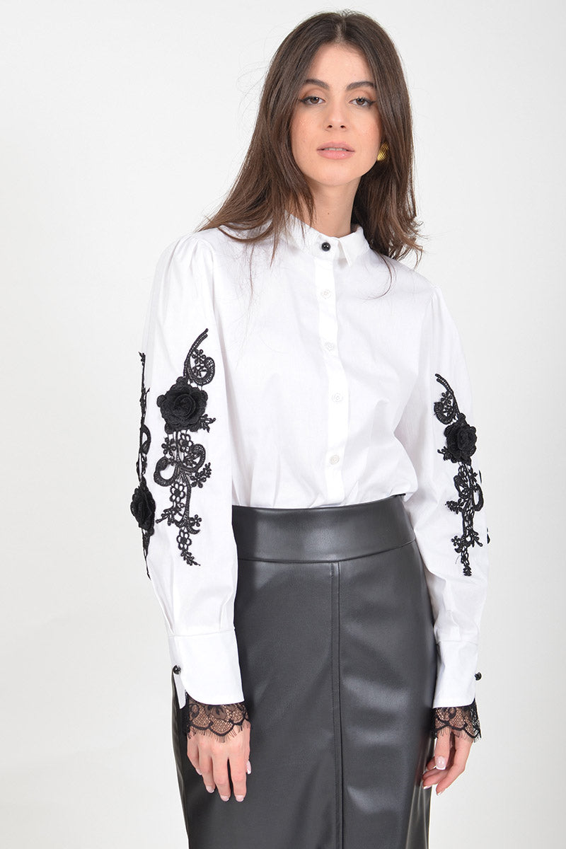White Shirt with Black Lace Embroidery – Elegant Statement Blouse
