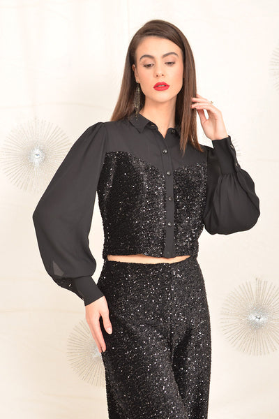 Black Sequin Crop Shirt with Chiffon Sleeves