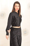 Black Sequin Crop Shirt with Chiffon Sleeves