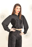 Black Sequin Crop Shirt with Chiffon Sleeves