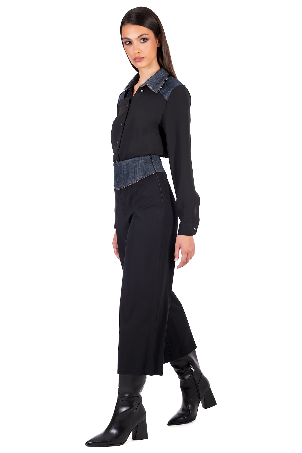 Cropped Pants with Denim Waistband