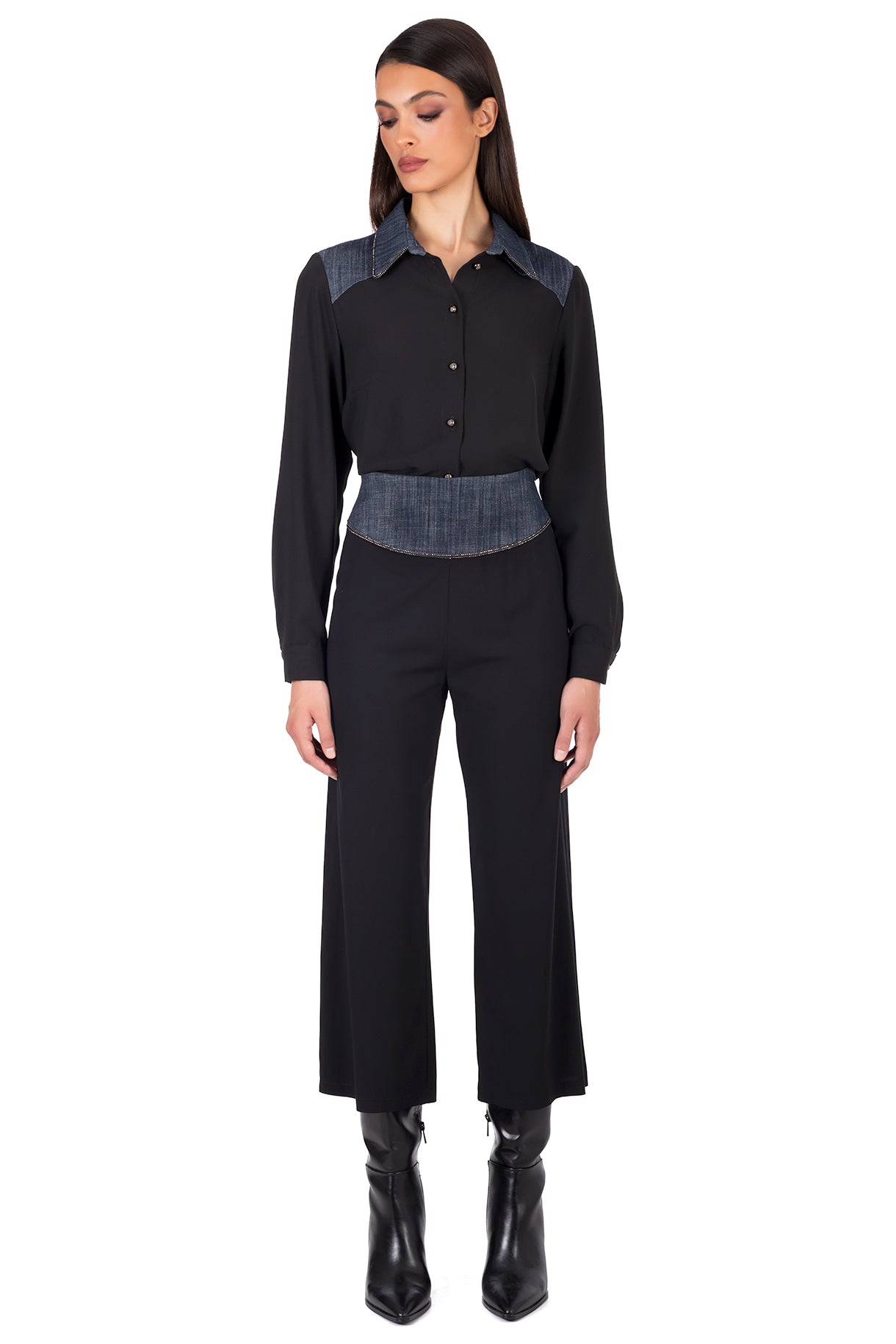 Cropped Pants with Denim Waistband