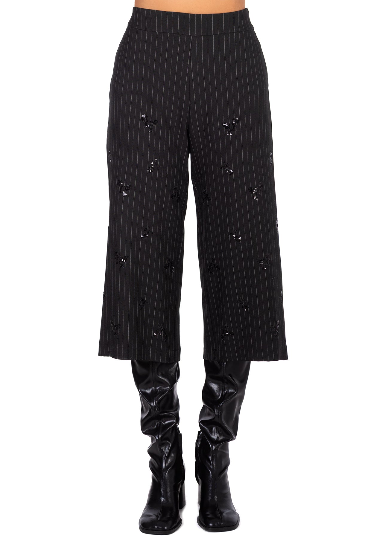 Black Pinstripe Cropped Trousers with embroidered details