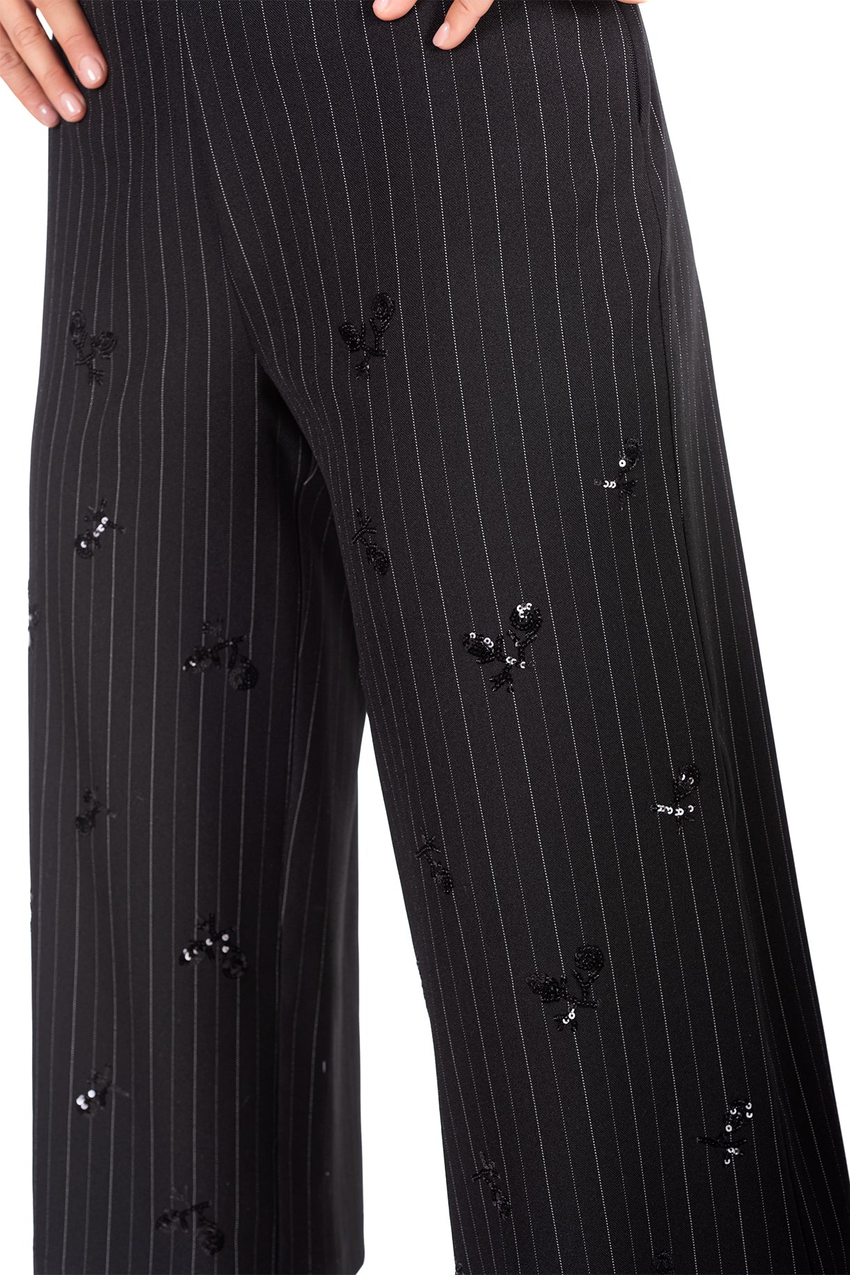 Black Pinstripe Cropped Trousers with embroidered details