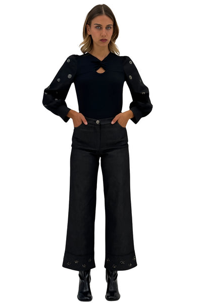 Women’s Black Denim Wide-Leg Pants with Embellished Hem