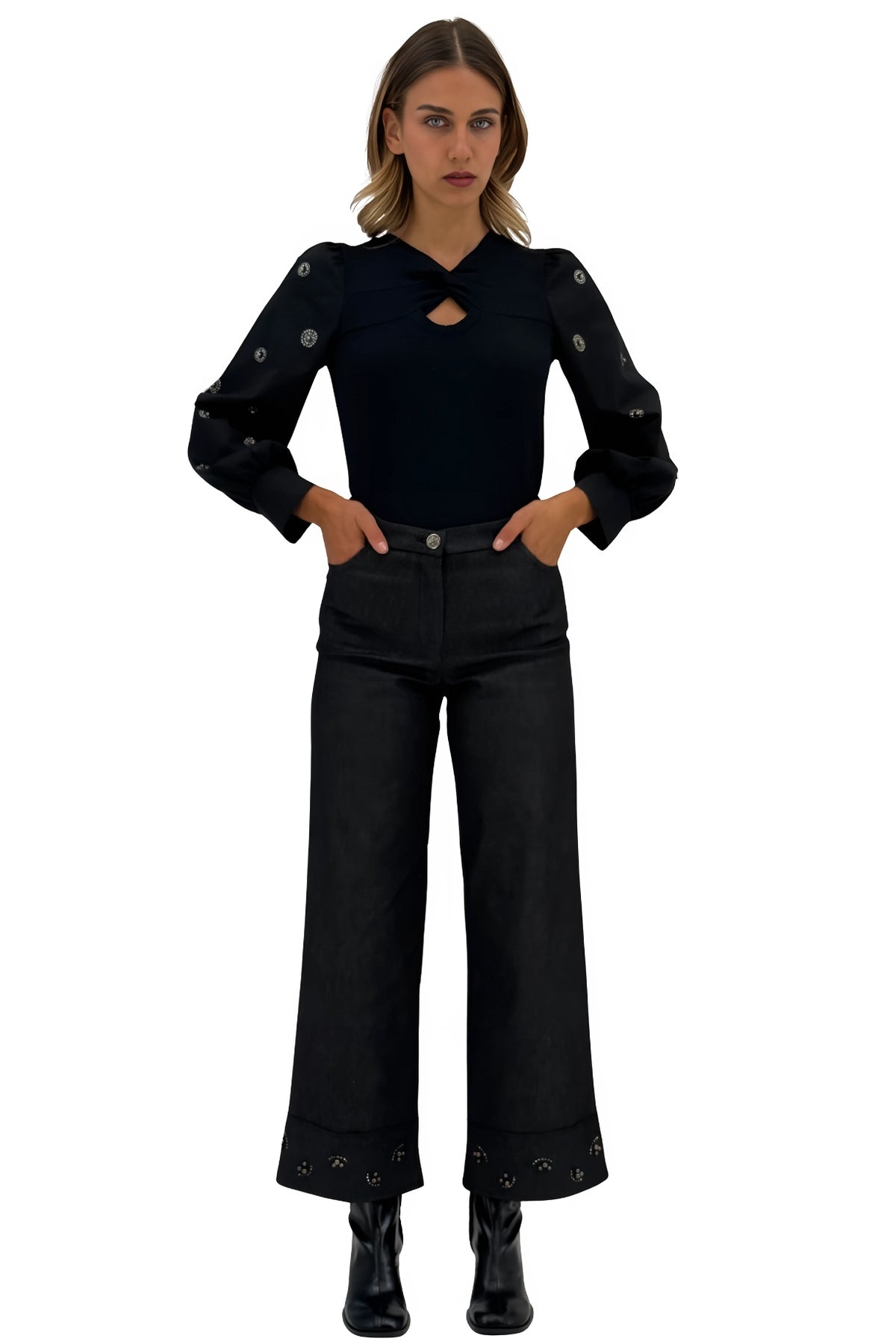 Women’s Black Denim Wide-Leg Pants with Embellished Hem