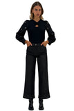 Women’s Black Denim Wide-Leg Pants with Embellished Hem