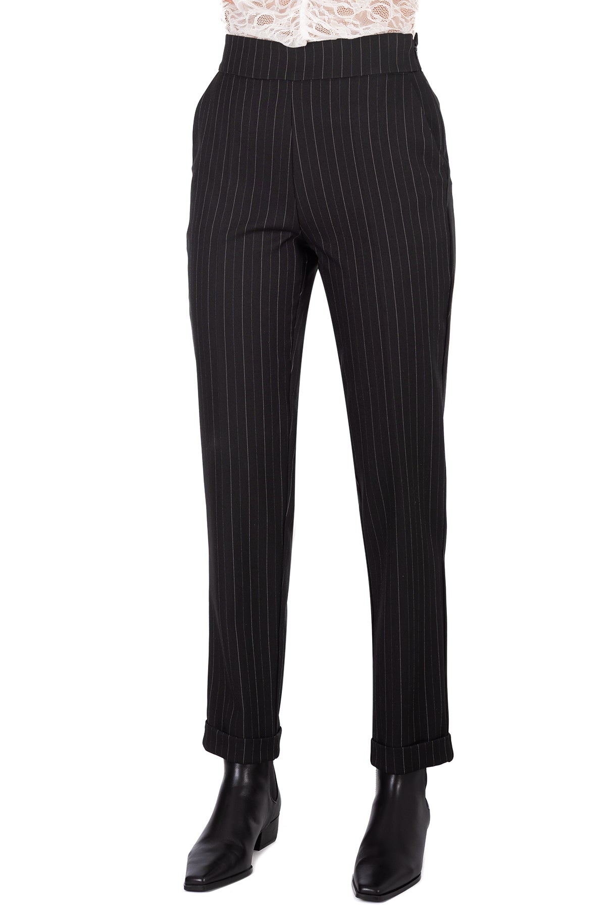 Black Pinstripe Trousers – Tailored Straight-Leg Pants