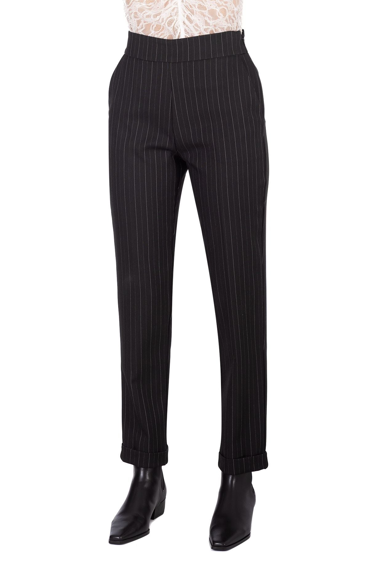 Black Pinstripe Trousers – Tailored Straight-Leg Pants