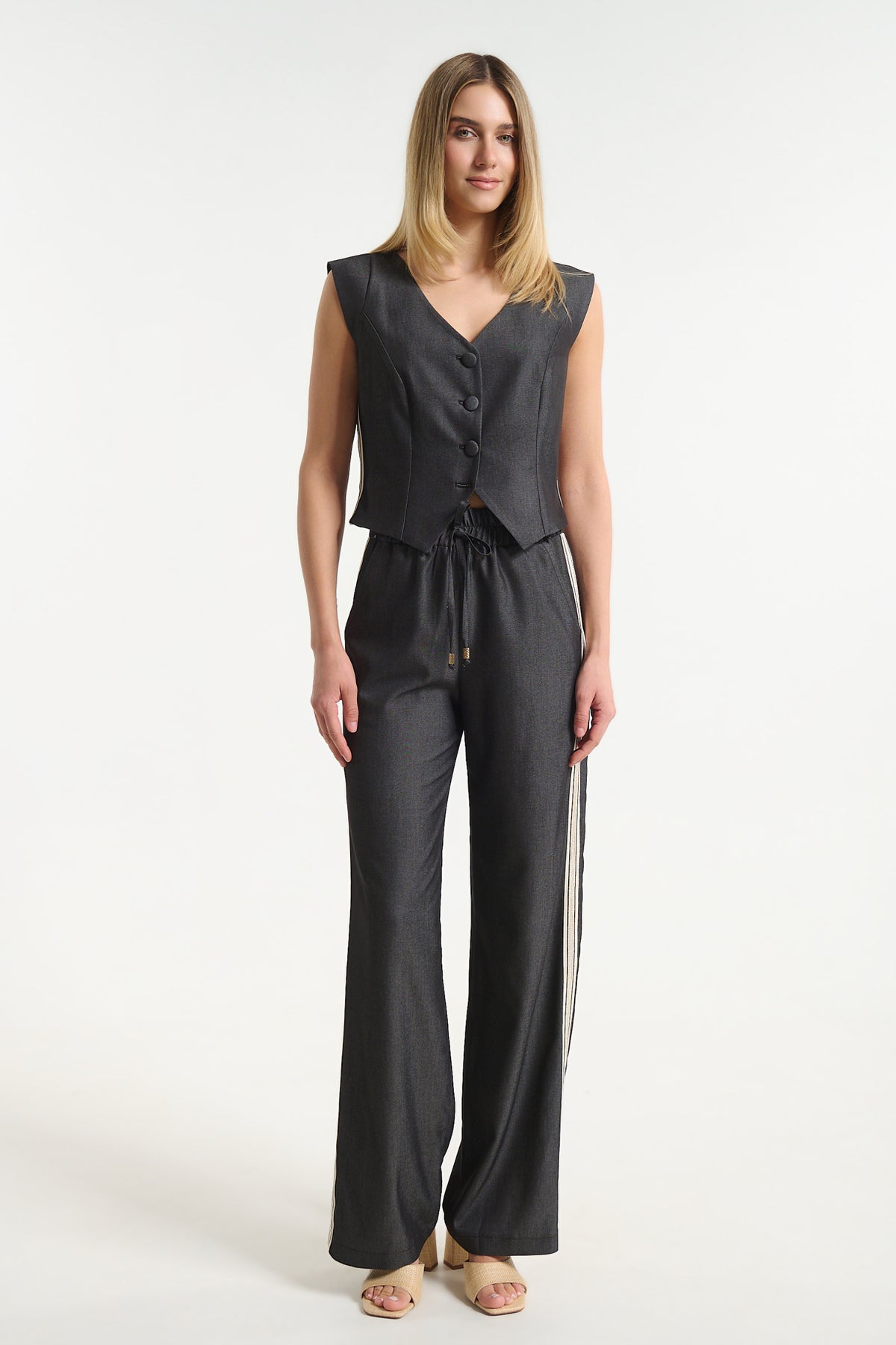 Denim Wide Leg Pants with Side Stripe