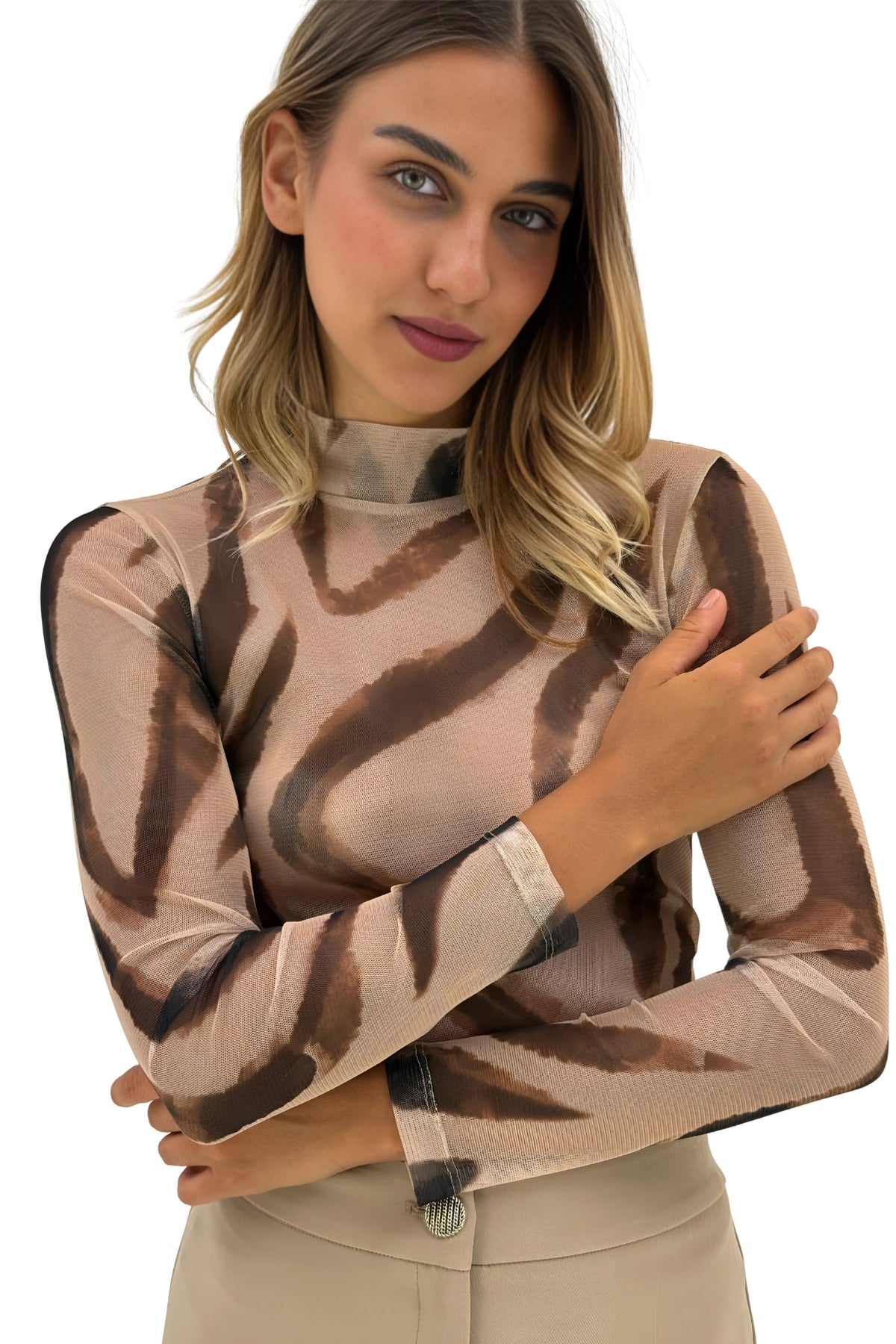 Beige Print Tulle Top