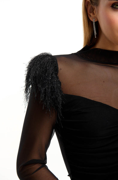 Black Women’s Blouse with Tulle & Feather Sleeves