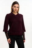 Burgundy Chevron Knit Top with Lace Sleeves – Elegant Winter Style