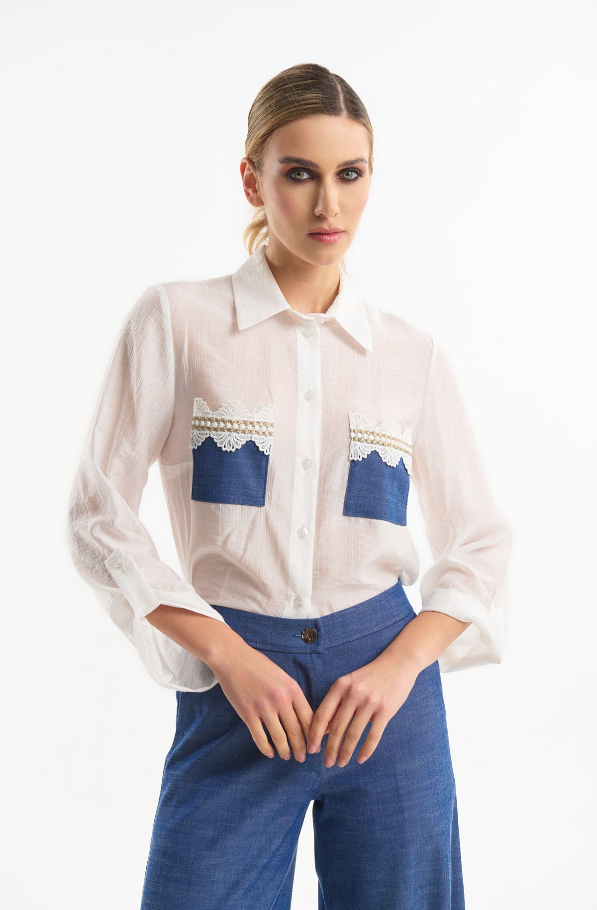 Shirt with Denim Pockets and Lace Detail
