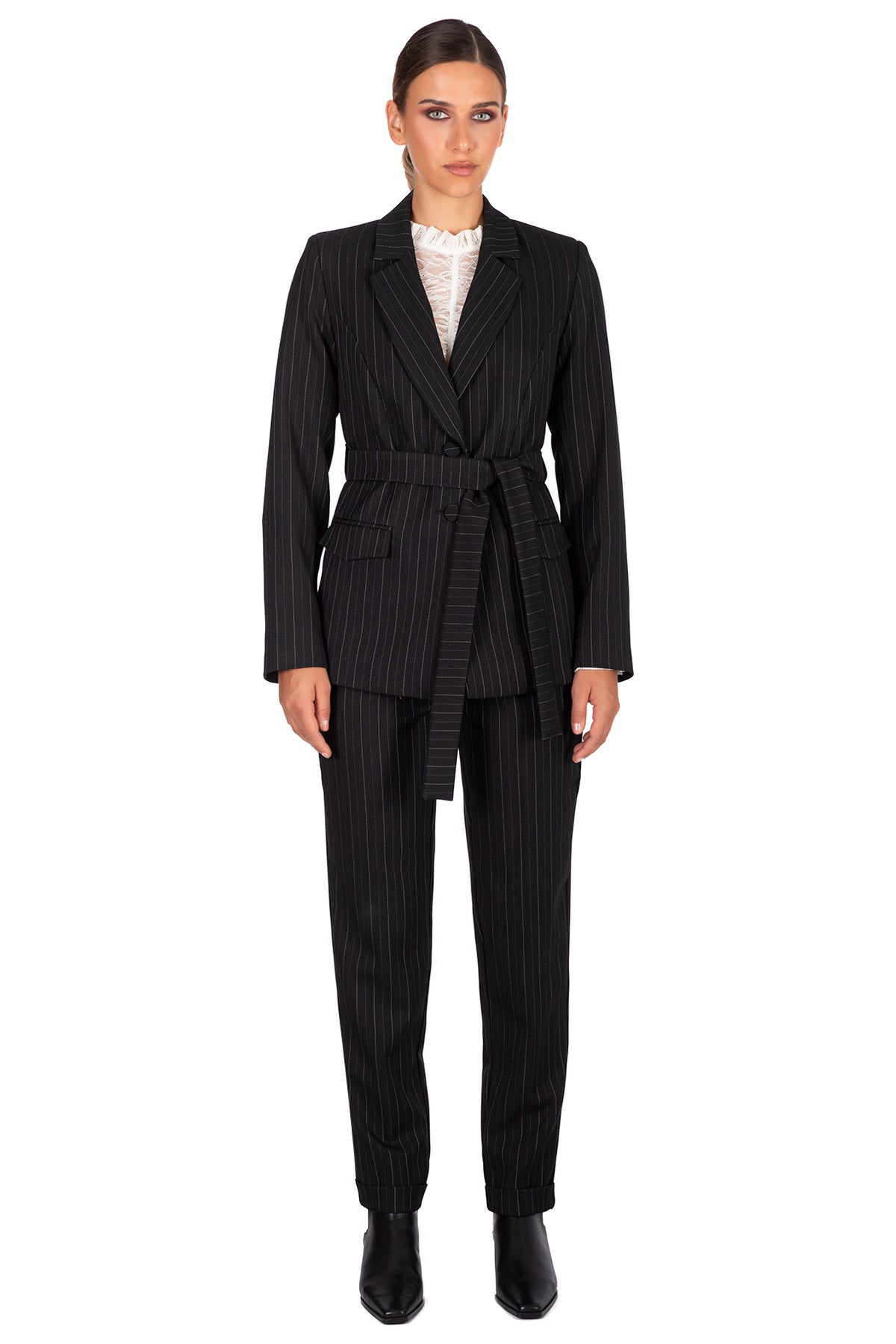Black Pinstripe Trousers – Tailored Straight-Leg Pants