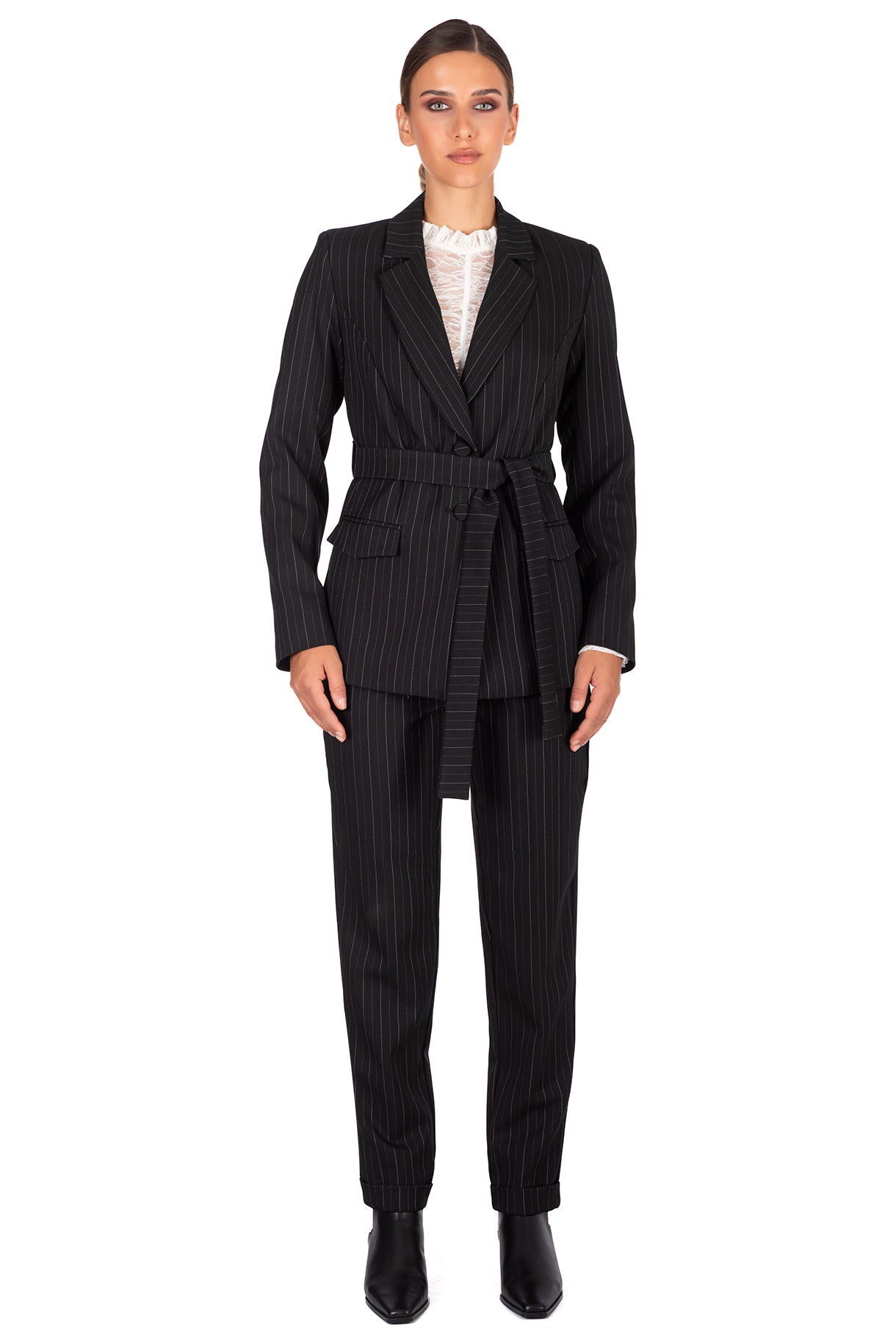 Black Pinstripe Blazer – Belted Tailored Jacket