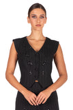 Black Pinstripe Vest with Embroidered details
