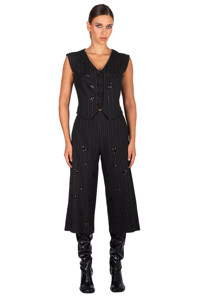 Black Pinstripe Cropped Trousers with embroidered details