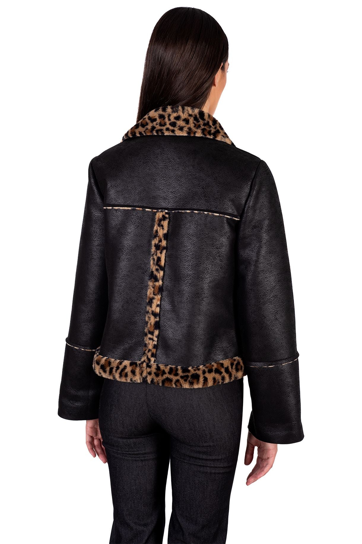 Black Shearling Jacket with Leopard details