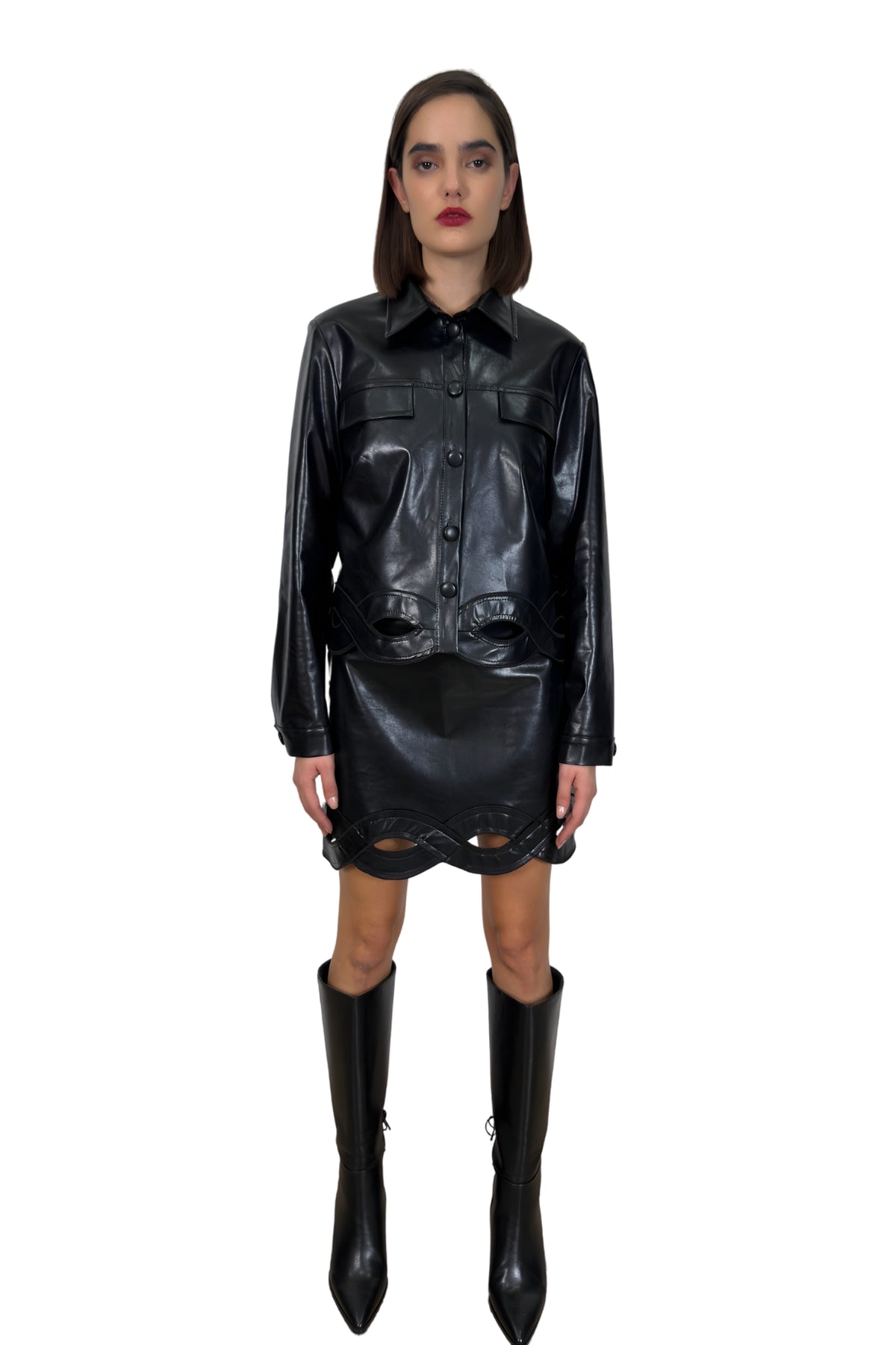 Eco Leather Jacket with Cutout Hemline