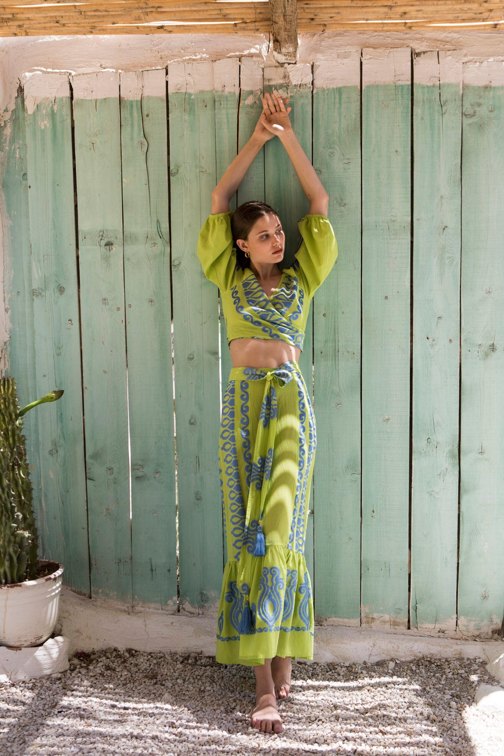 femi skirt in lime and ciel embroidery, nema resort wear, calizo boutique