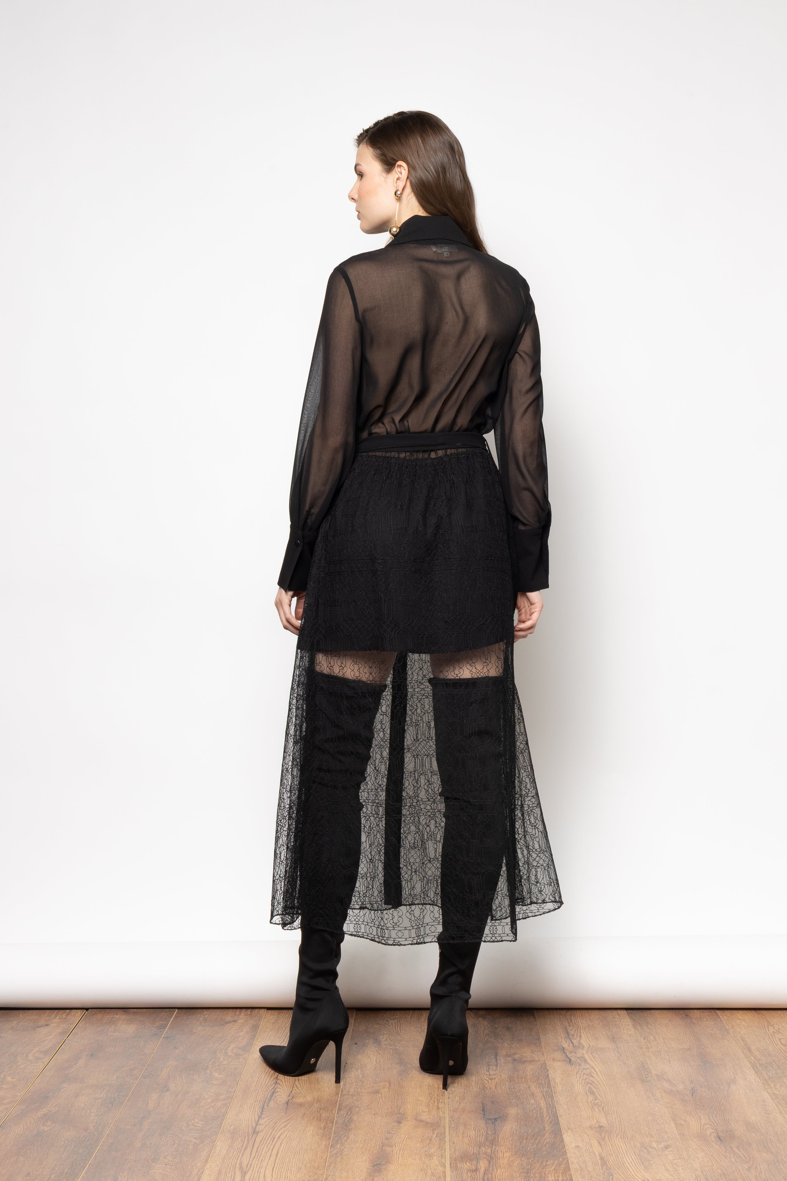Itzel Dress - Black Sheer Shirt Dress with Lace Detail and Belt