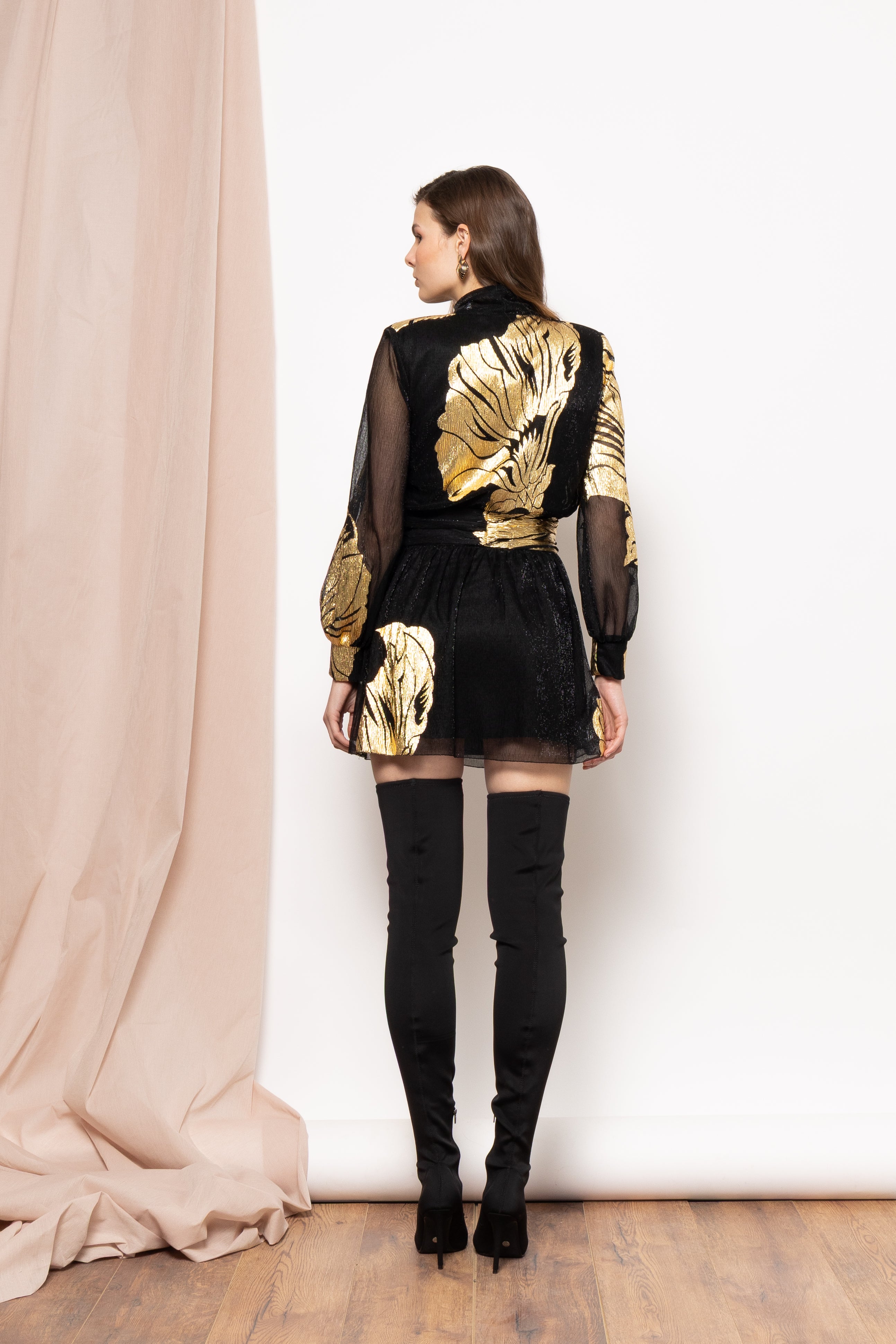 Cyra Black & Gold Metallic Mini Dress with Bow Tie Neck