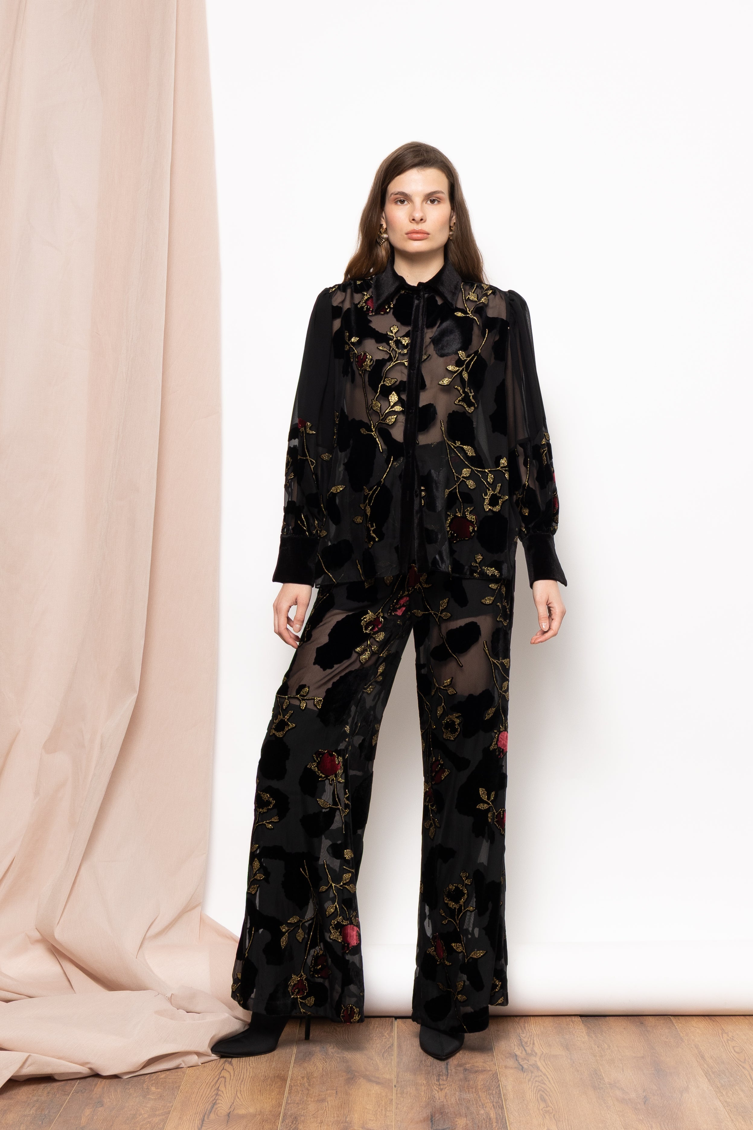 Lucila Shirt – Sheer Black with Embroidered Florals