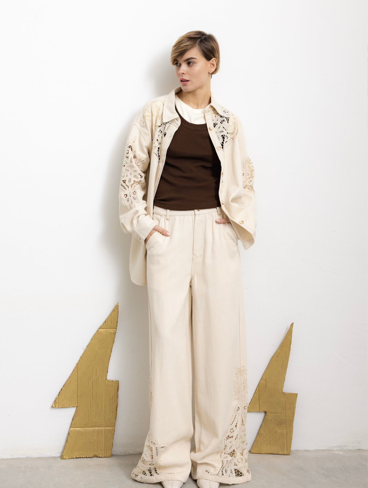 Women's Beige Wide Leg Pants with Lace