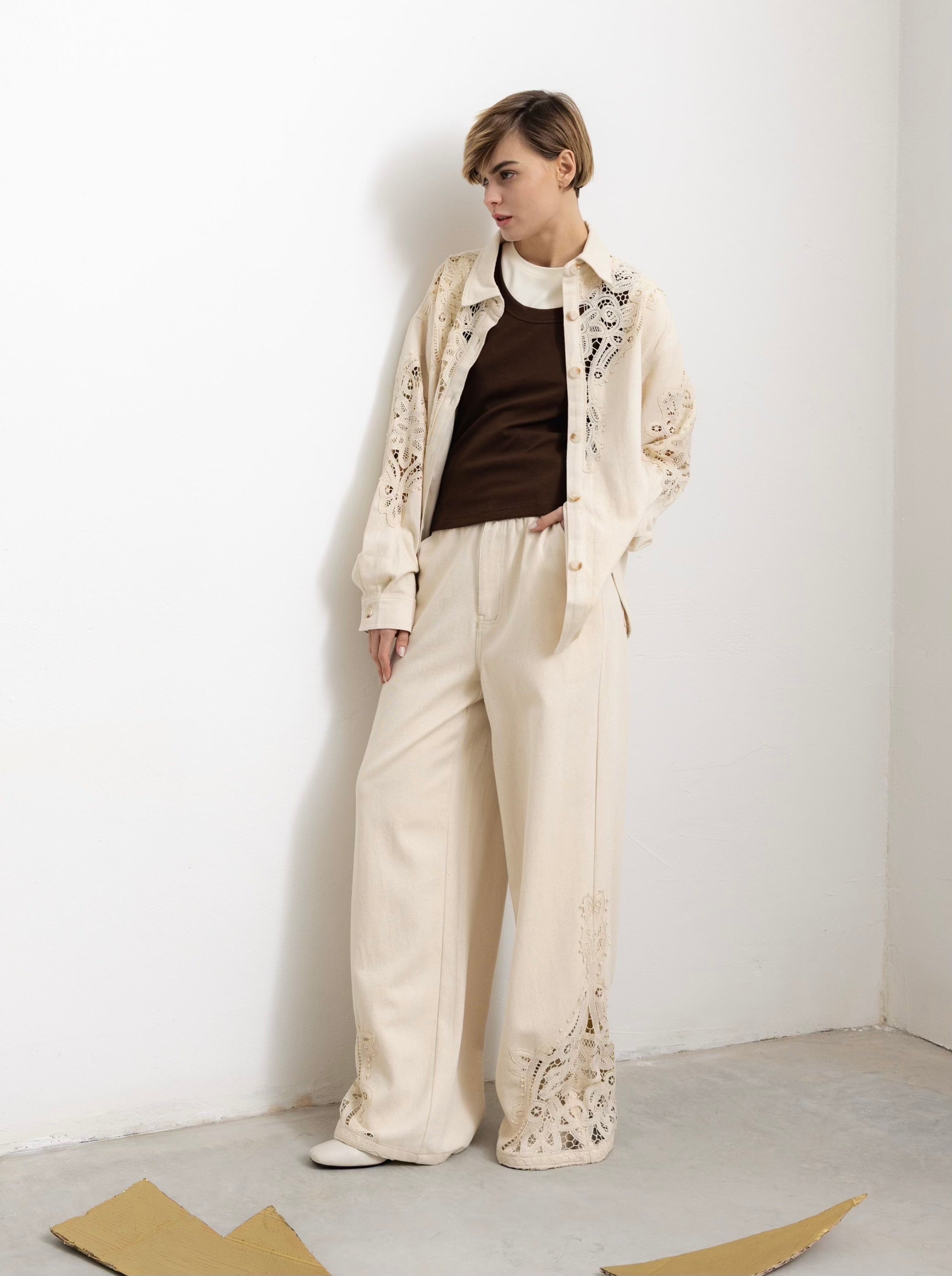 Women's Beige Wide Leg Pants with Lace